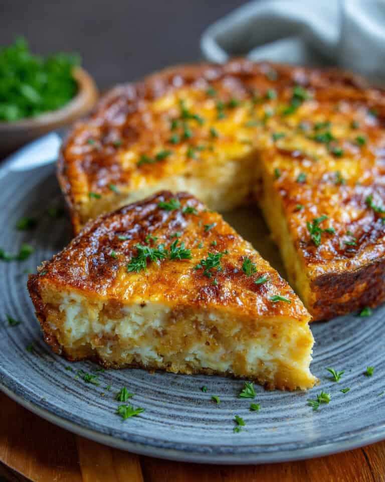 Creamy cheesy potato casserole ready for air fryer from frozen, comfort food.