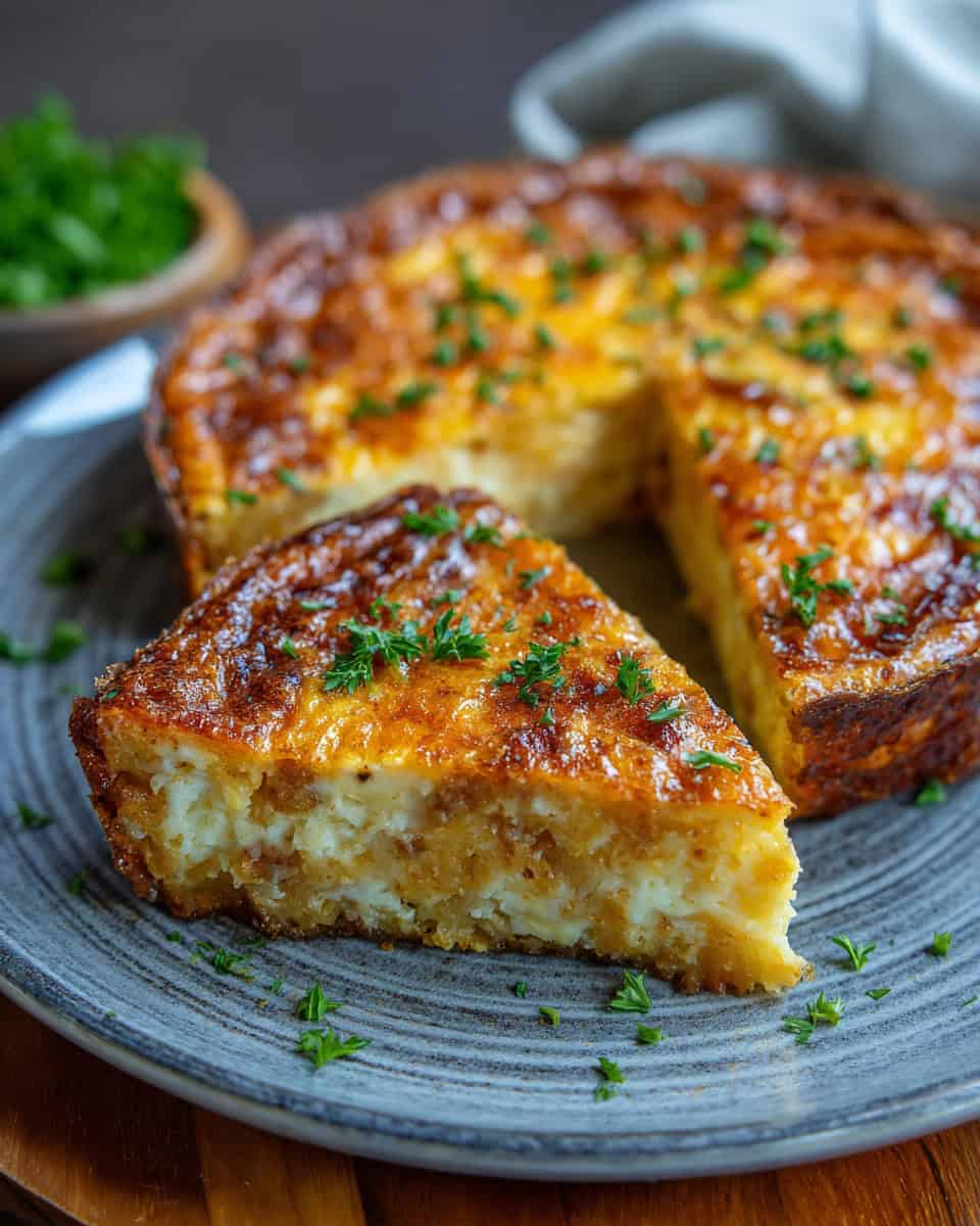 Creamy cheesy potato casserole ready for air fryer from frozen, comfort food.