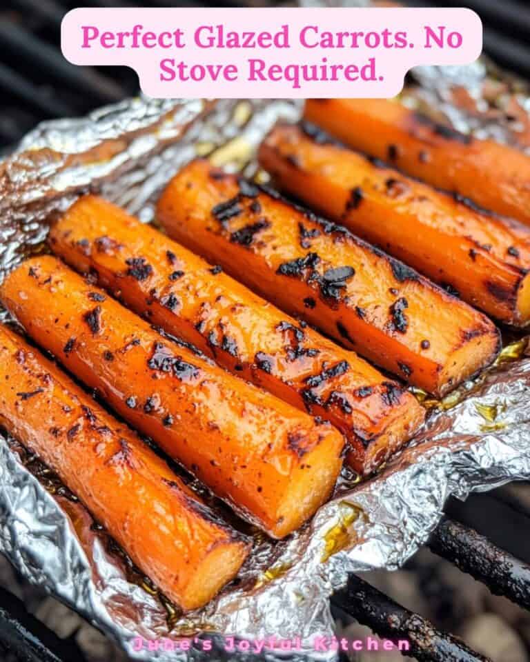 Sweet glazed carrots with charred grill marks, cooked in foil on a BBQ grill.