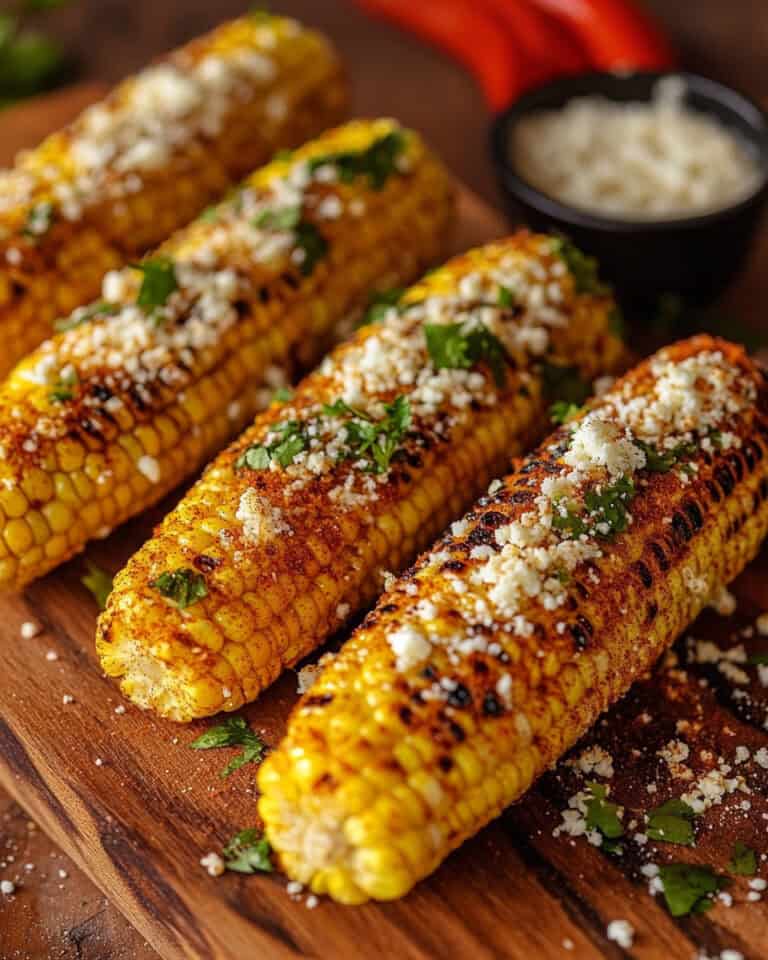 Grilled corn on the cob with seasoning, cheese, and herbs on a wooden board.