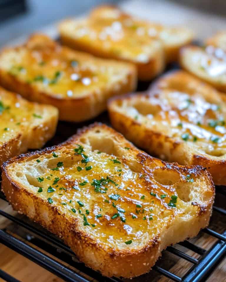 Toasted French bread slices topped with garlic butter and herbs, ready for oven or air fryer.