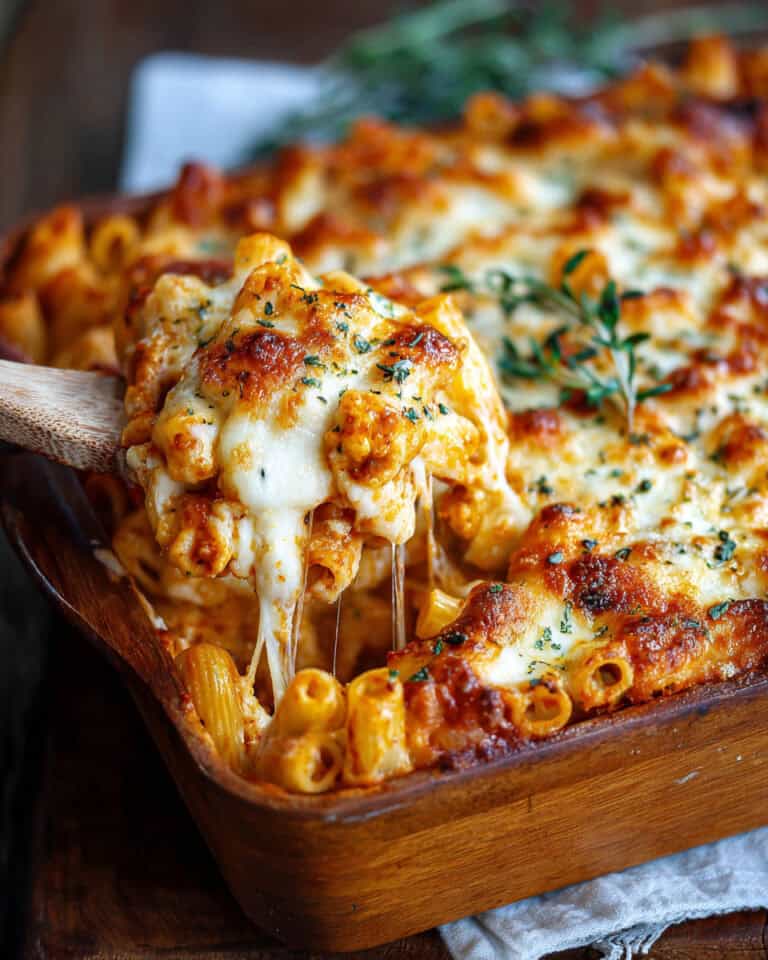 Creamy baked pasta with melted cheese, served in a wooden dish.
