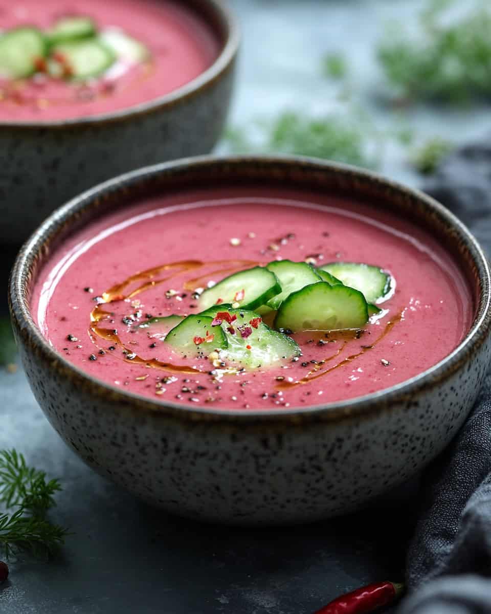 Creamy beetroot soup garnished with cucumber slices and herbs, in a dark bowl.