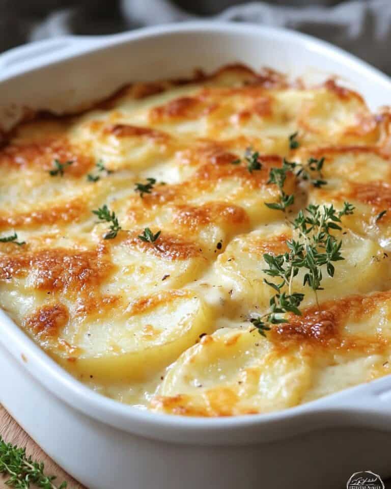 Creamy cheesy potato gratin baked to perfection with fresh herbs.