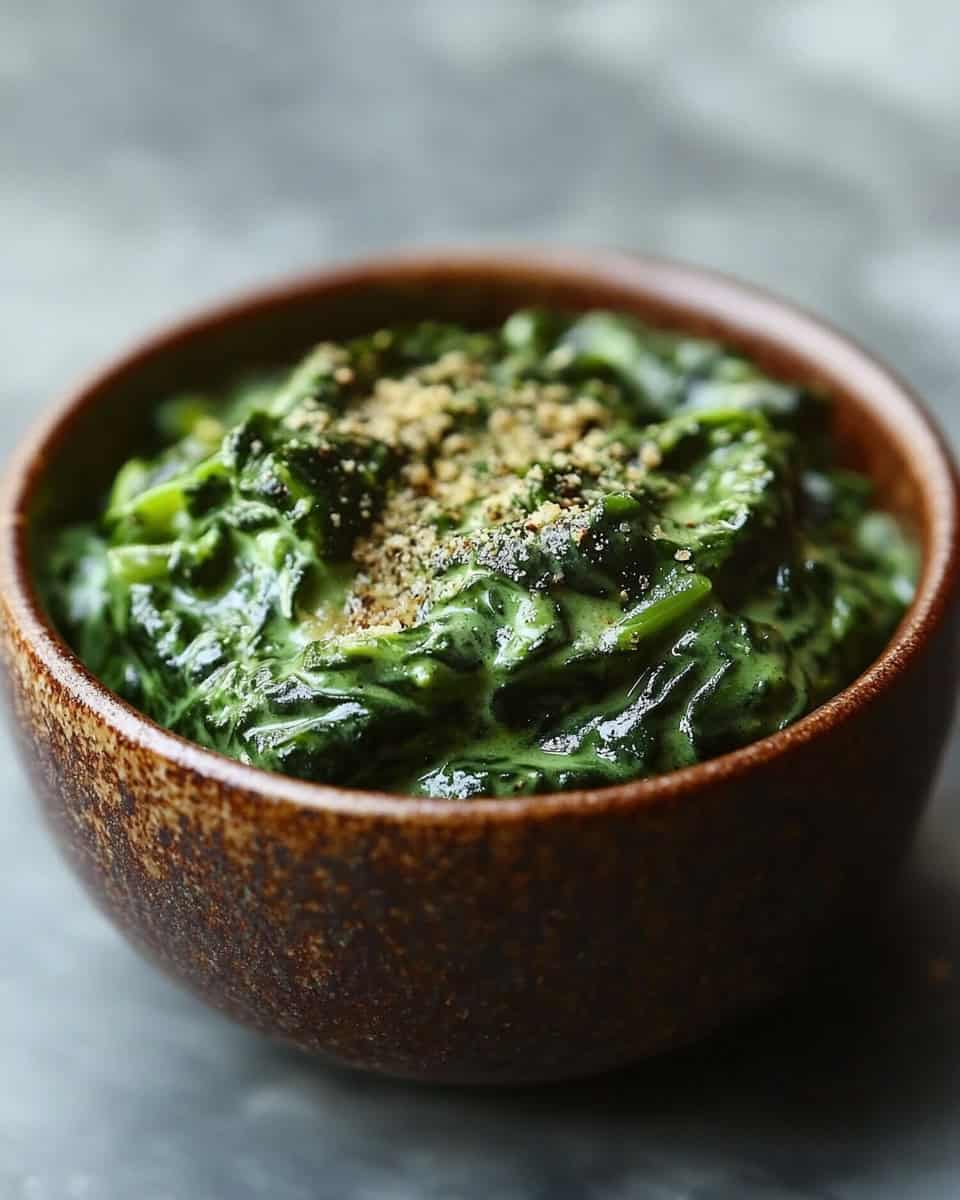 Creamed spinach in a rustic brown bowl, perfect for freezer-to-air fryer comfort meals.