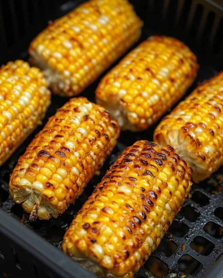Golden grilled corn on the cob in air fryer, perfect for easy comfort food recipes at rokig.com.
