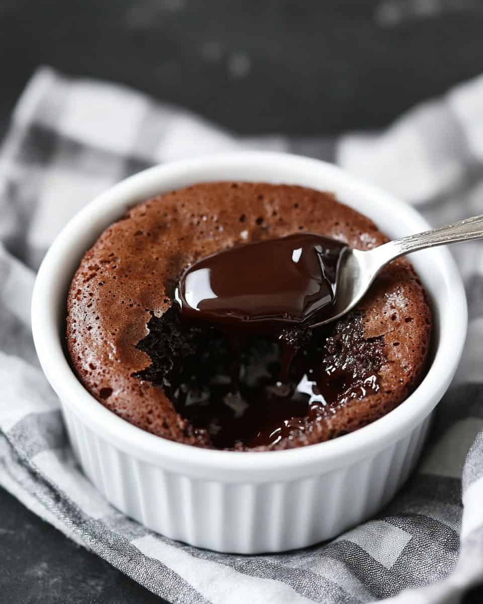 Warm molten chocolate lava cake in a ramekin with rich chocolate sauce on top.