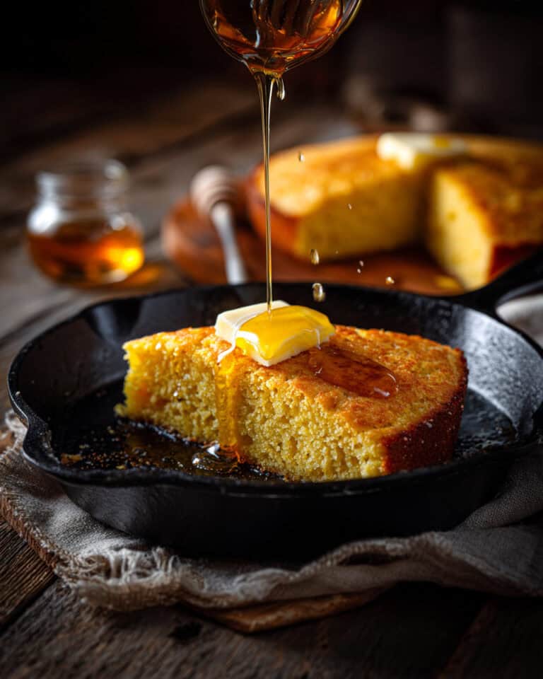 Rich cornbread with butter and syrup drizzling, perfect comfort food recipe.