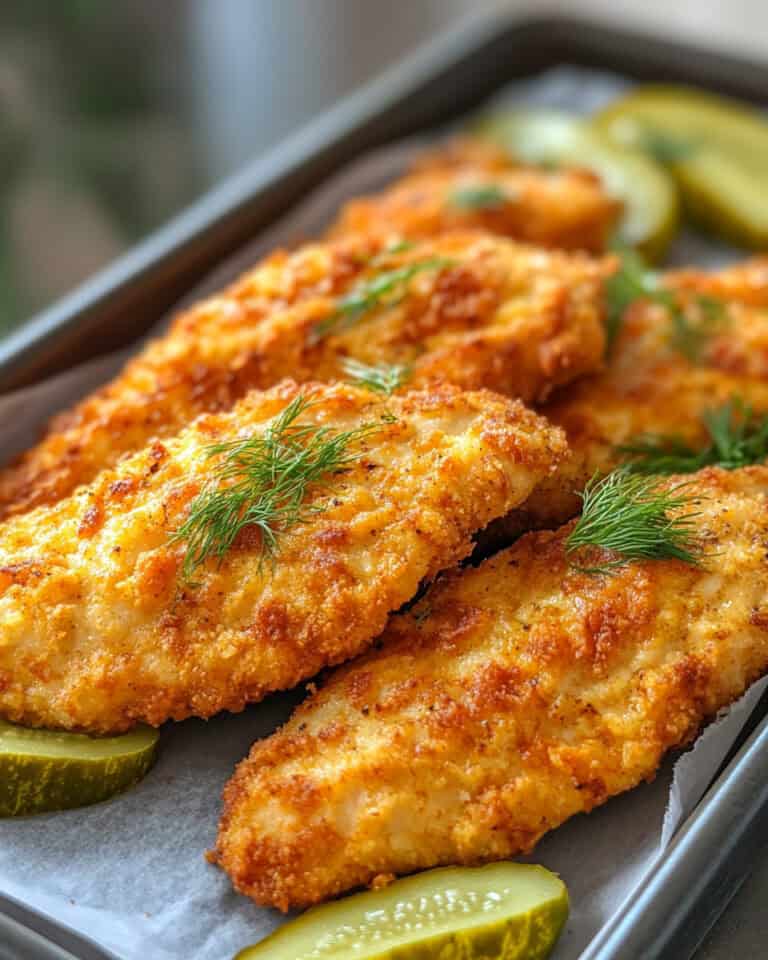Crispy baked lemon chicken fillets garnished with fresh dill and served with pickles.