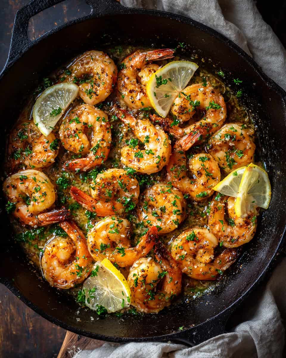 Juicy garlic butter shrimp in cast iron skillet with lemon wedges garnished with parsley.