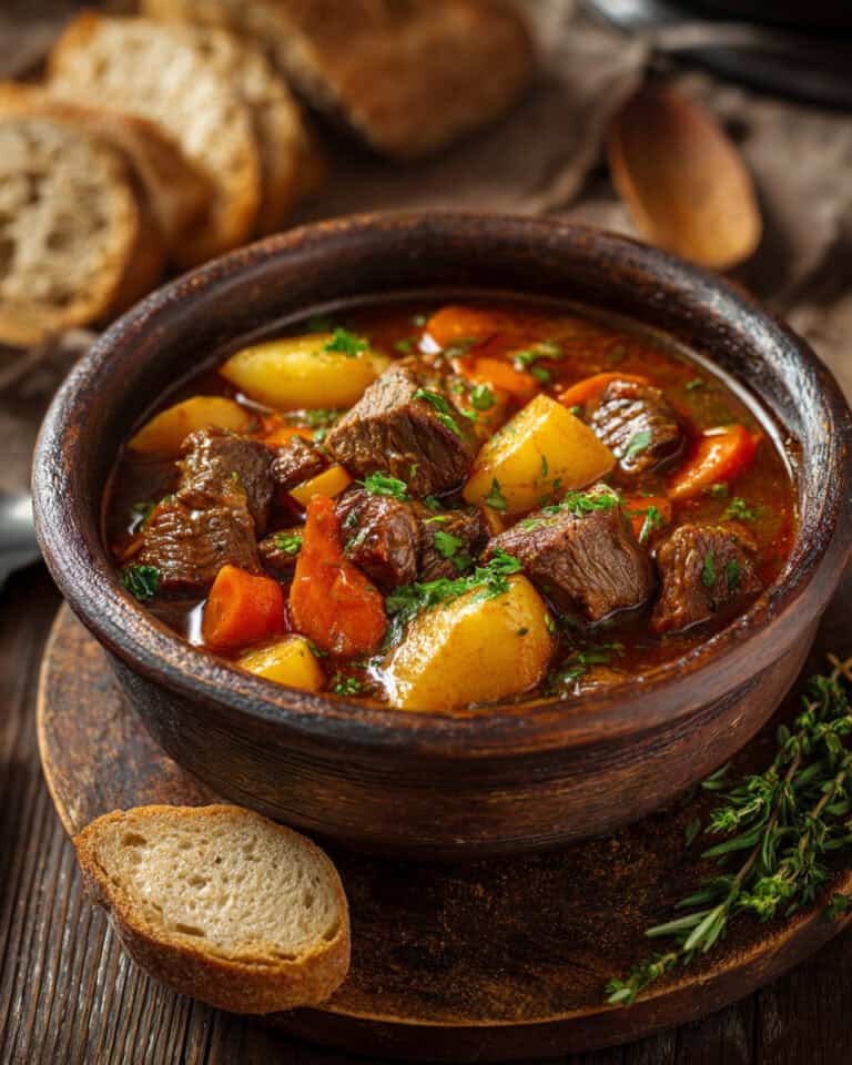 Hearty beef stew with vegetables in a rustic bowl, perfect for freezer to air fryer meals.