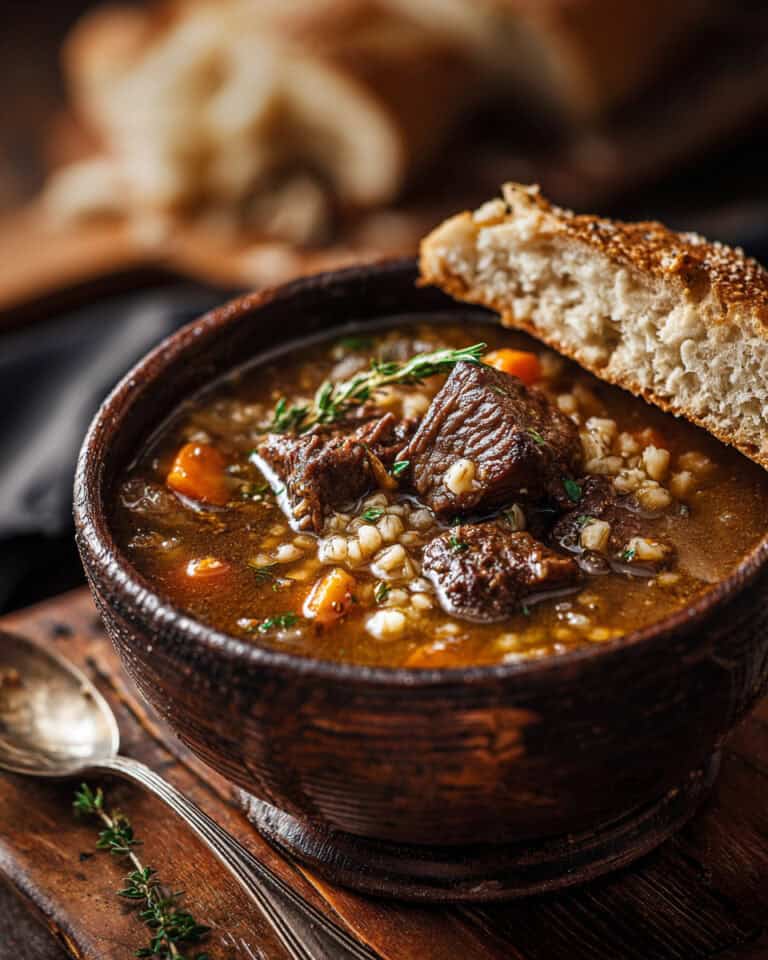 Hearty beef stew with vegetables served in a rustic bowl with bread on the side.