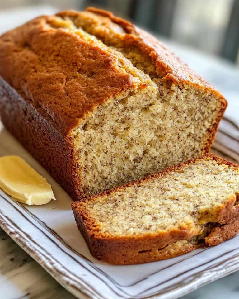 Moist banana bread fresh out of the air fryer, golden brown crust, sliced for serving.