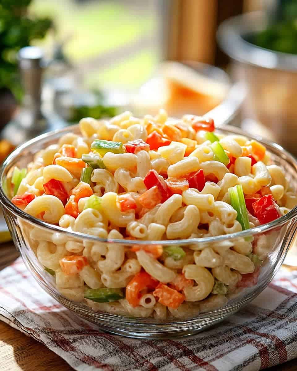 Creamy macaroni salad with veggies in glass bowl for easy freezer-to-air-fryer comfort food.