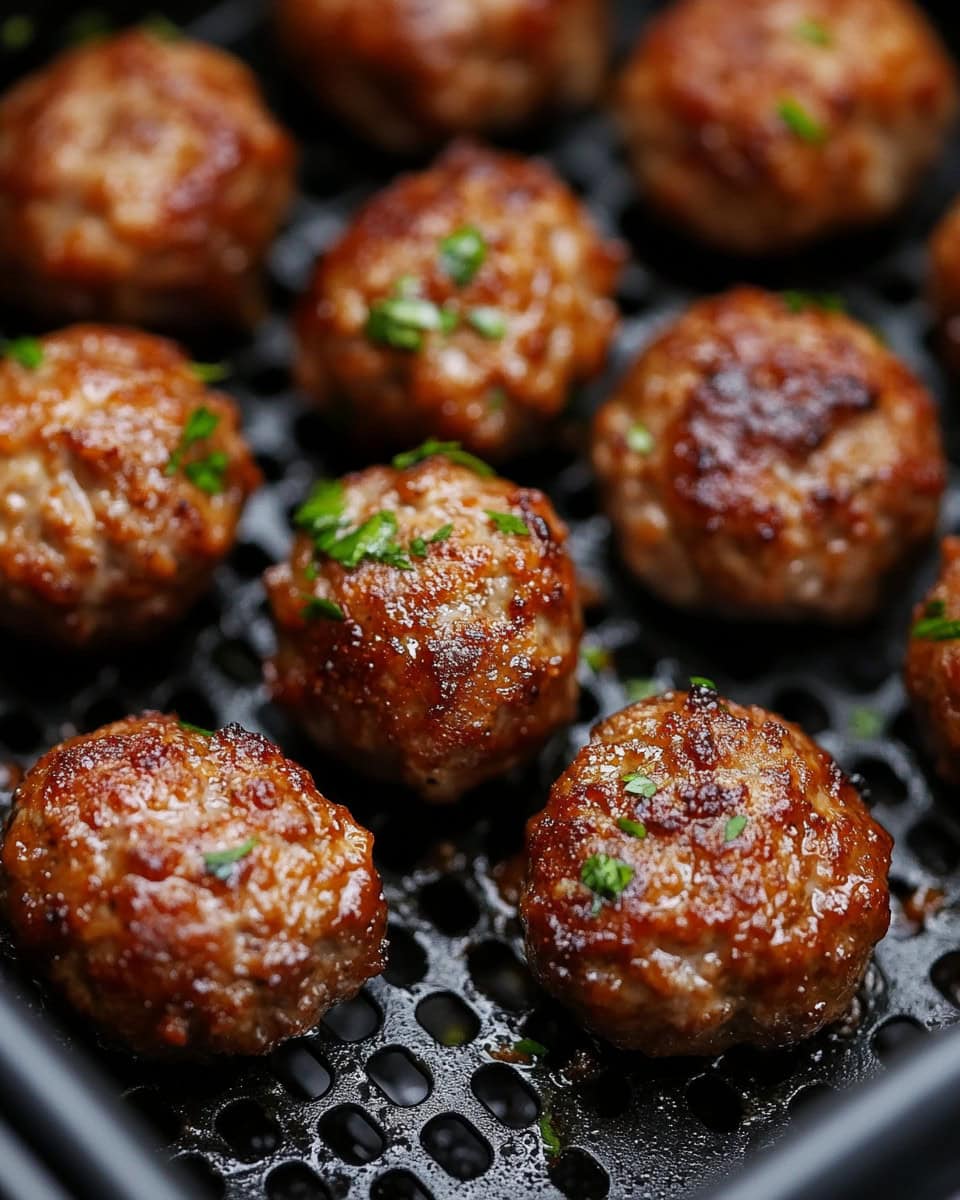 Juicy air fryer meatballs with herbs and marinara sauce on a black basket.