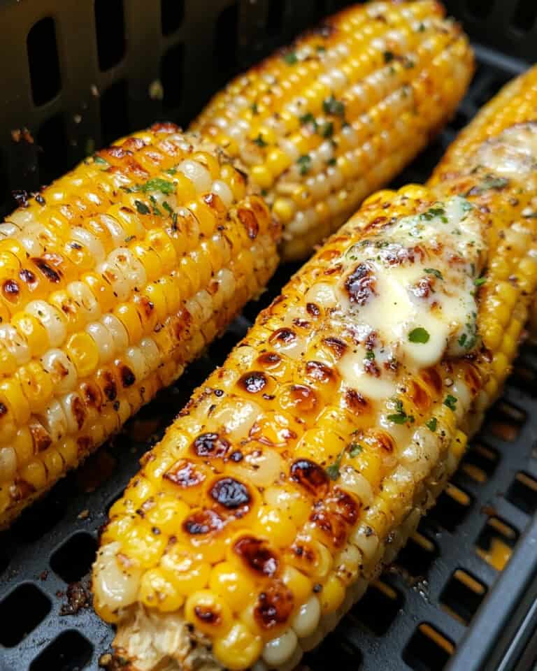 Golden grilled corn on the cob with melted cheese and herbs, perfect for freezer-to-air-fryer recipes.