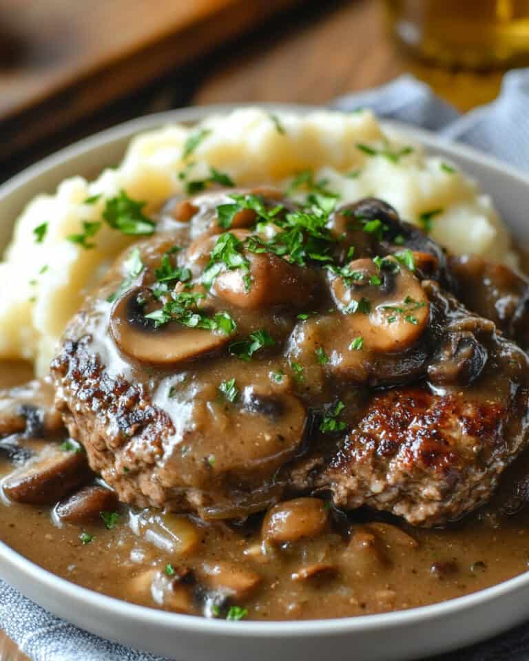 Savory mashed potatoes topped with mushroom gravy and a meatloaf patty, food blog recipe.