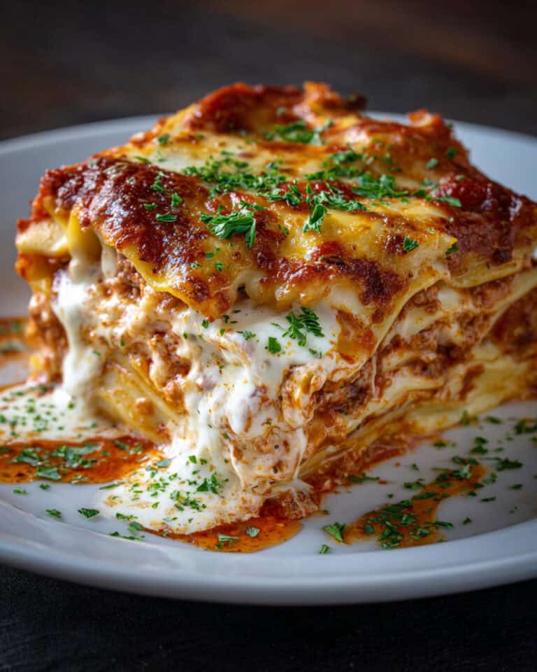 Cheesy lasagna slice ready to be cooked from frozen in air fryer, on a white plate.