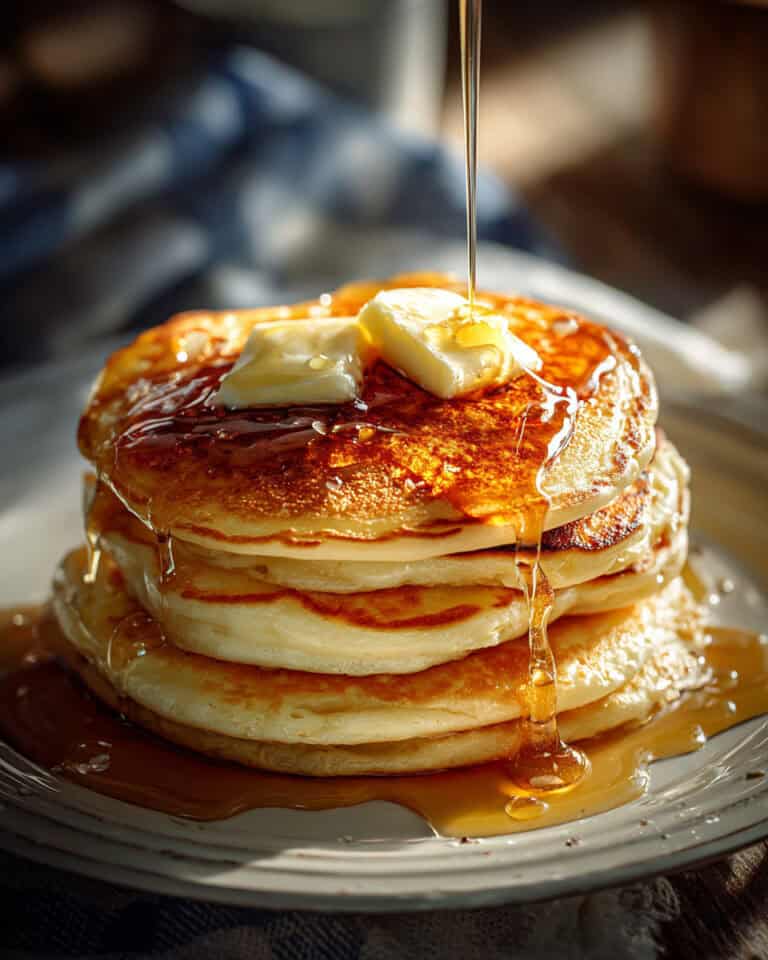 Stack of fluffy pancakes drizzled with syrup and topped with butter, ready for air frying.