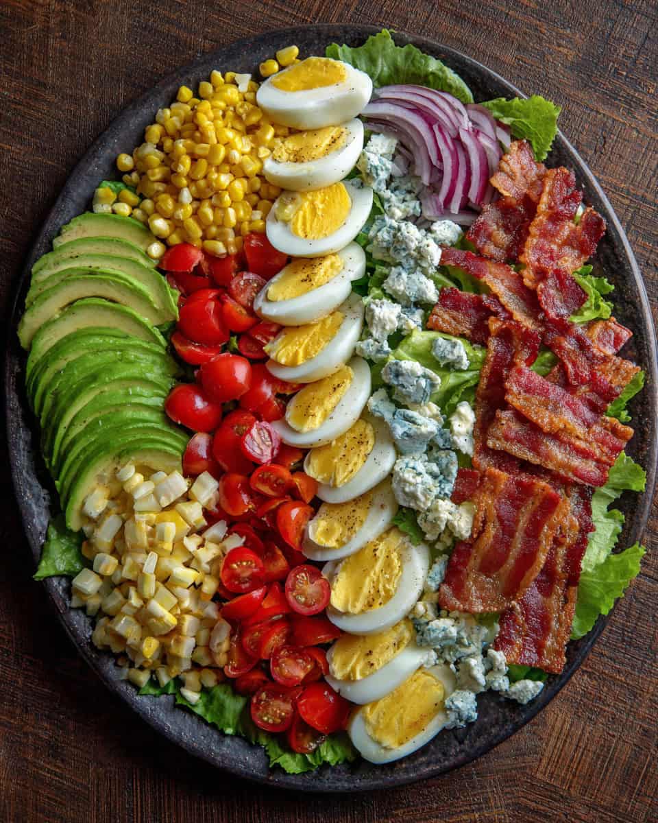 Fresh cobb salad with boiled eggs, bacon, avocado, cherry tomatoes, blue cheese, and chopped onions on a black plate.
