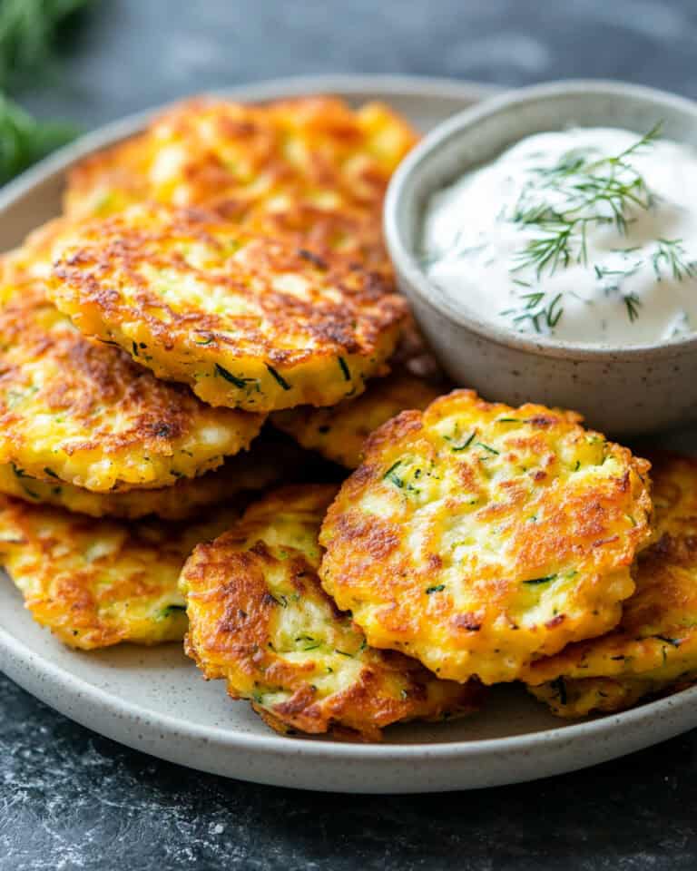 Fresh zucchini fritters with dill yogurt dipping sauce on a ceramic plate.