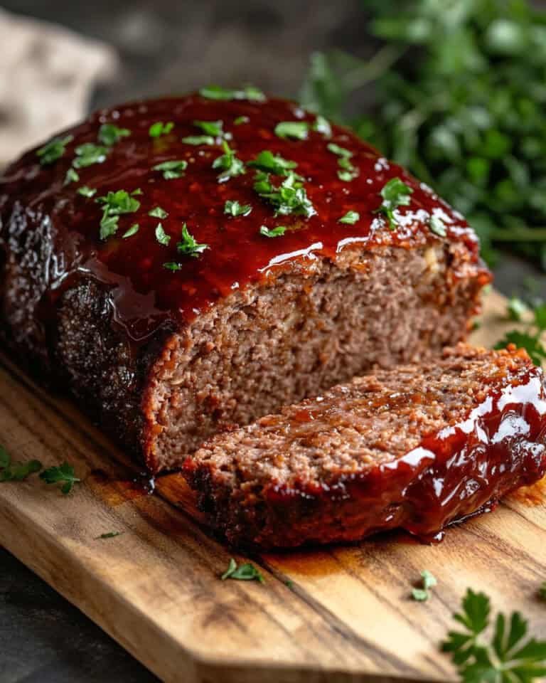 Juicy homemade meatloaf with glaze on wooden cutting board, ready to serve.