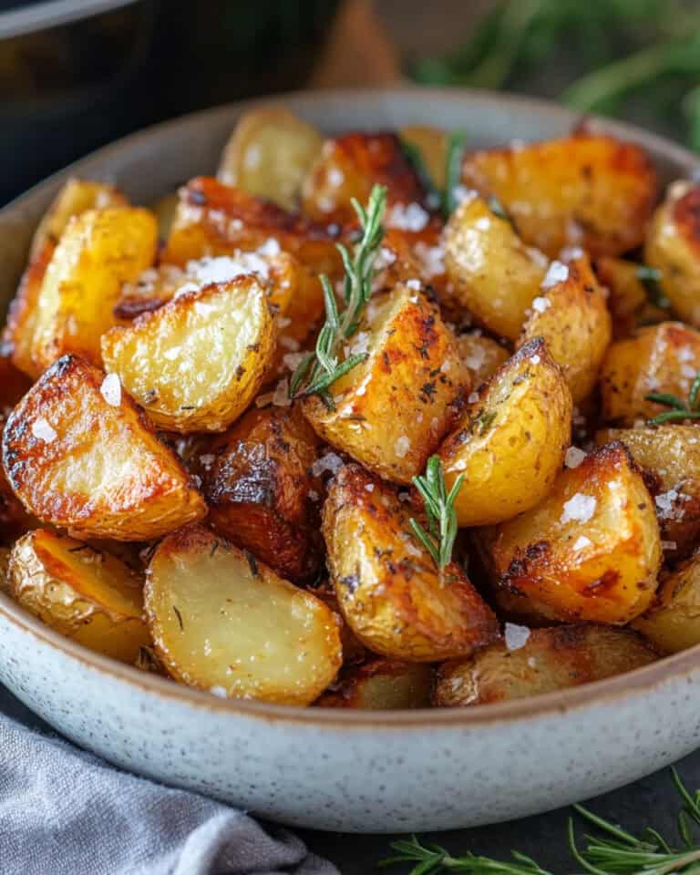 Golden roasted potatoes with herbs and sea salt in a bowl, perfect for air fryer recipes.