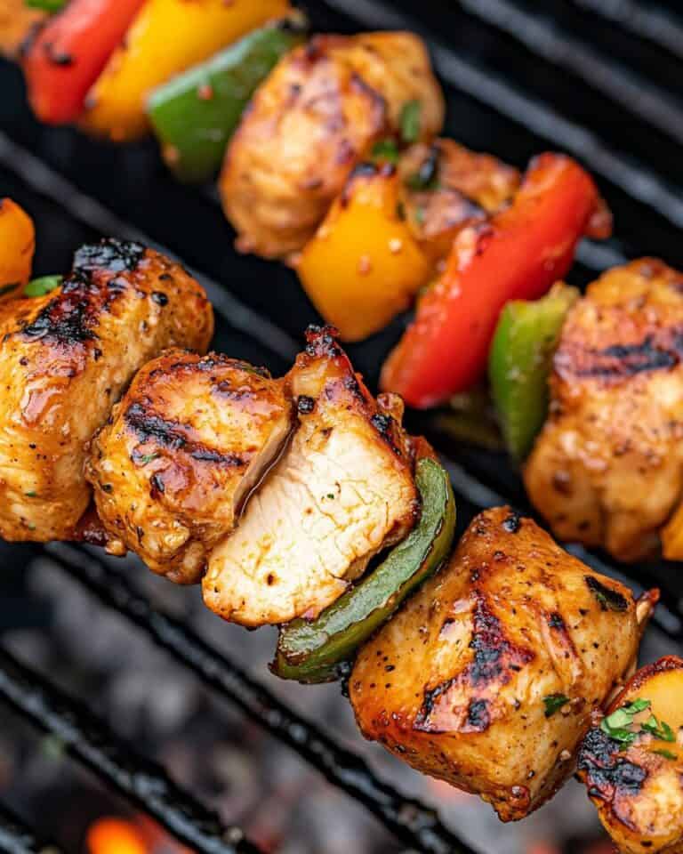 Juicy chicken skewers with colorful peppers grilling on a barbecue grill.