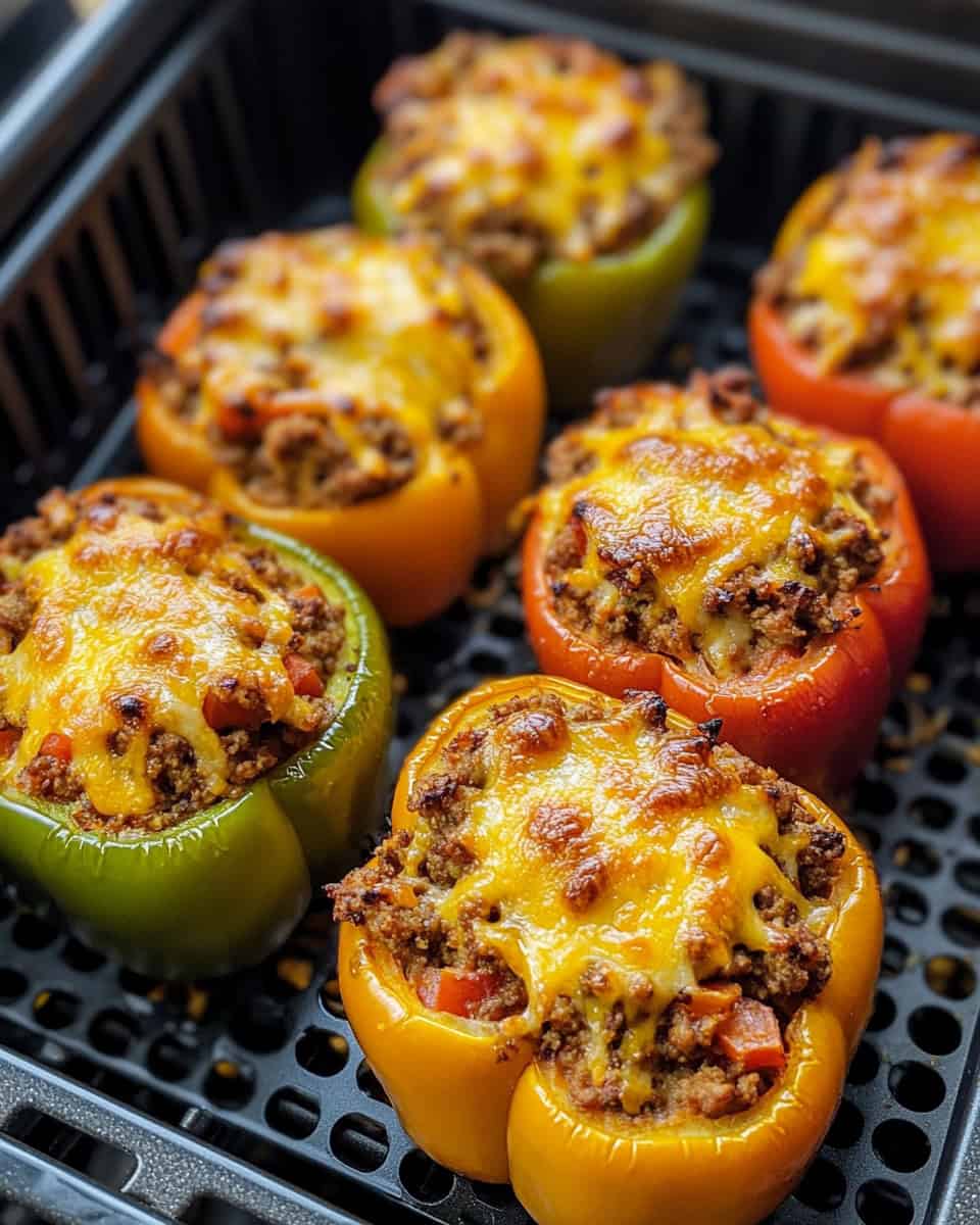 Colorful stuffed bell peppers with ground beef and melted cheese in air fryer basket.