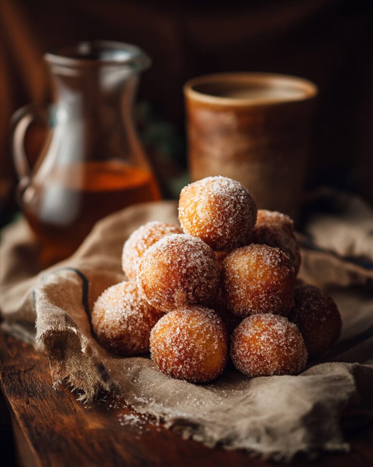 Golden coated fried dough balls dusted with powdered sugar on rustic wood background.