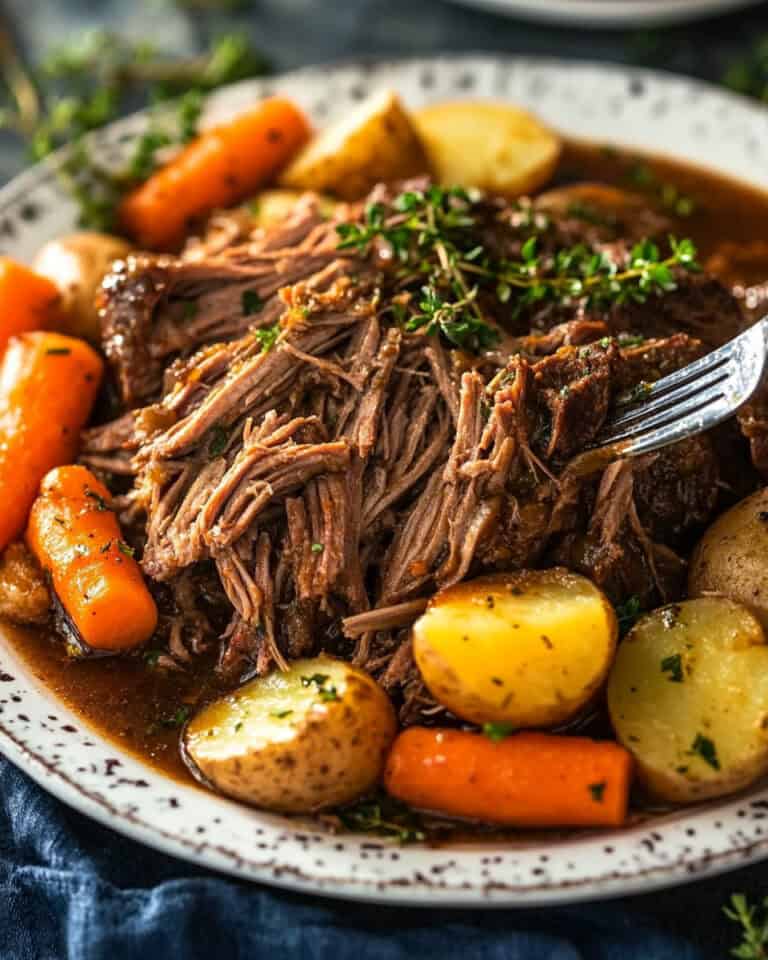 Tender beef roast with carrots, potatoes, and herbs on a rustic plate.