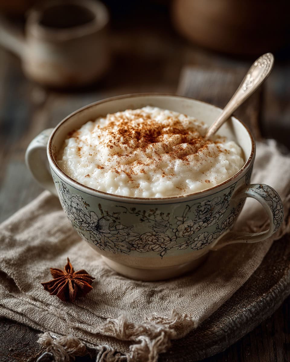 Creamy rice pudding topped with cinnamon in a vintage floral teacup.