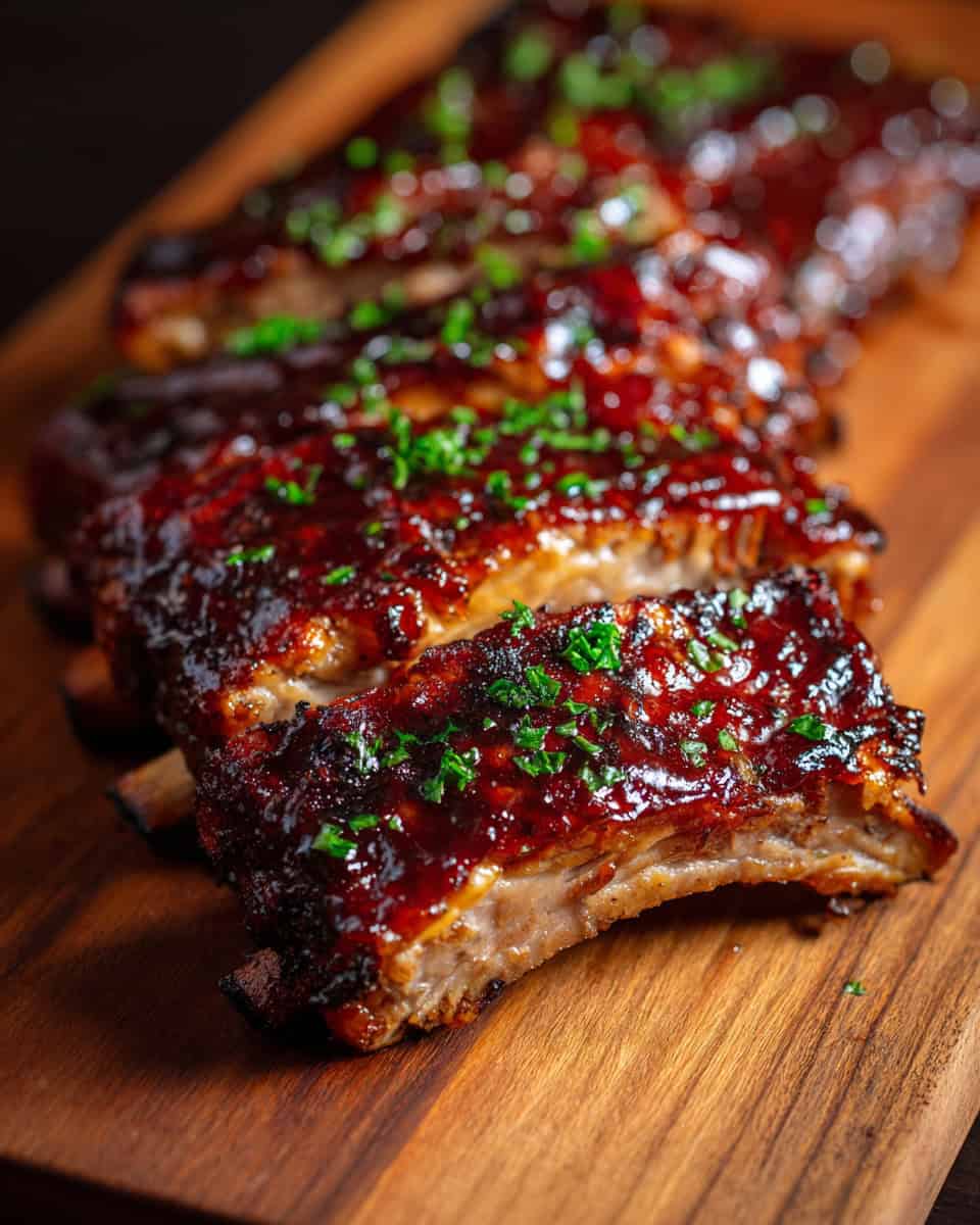 Succulent glazed pork ribs garnished with chopped herbs on a wooden platter.