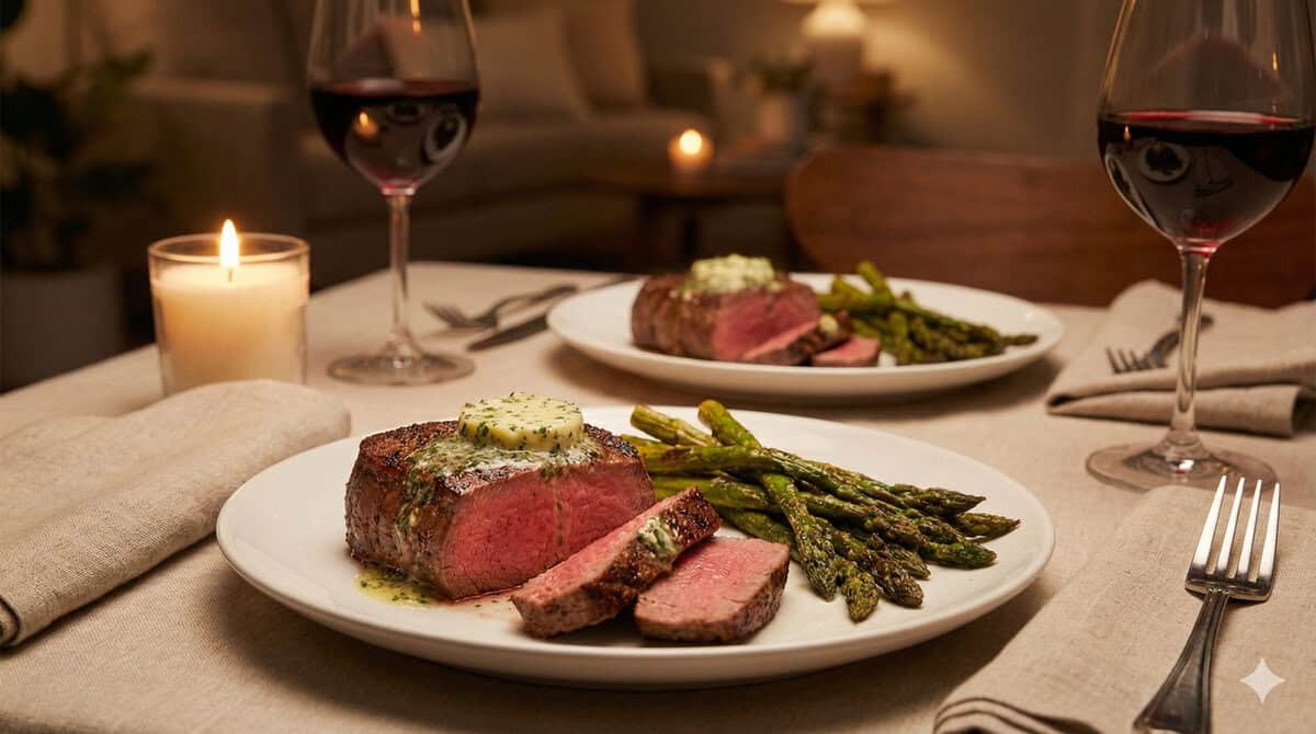 Two plates of air fryer filet mignon served with asparagus for a romantic dinner.
