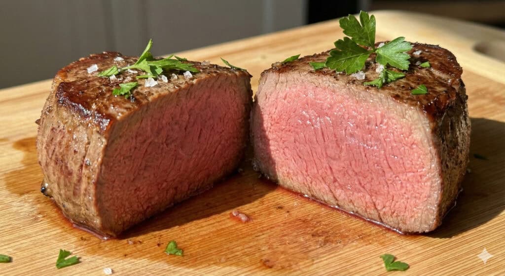 Sliced medium-rare filet mignon cooked in air fryer showing pink center.