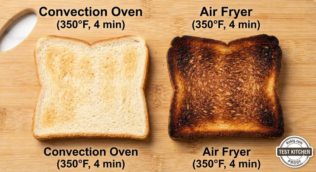 Side-by-side comparison of toast in an air fryer vs a convection oven at 350 degrees.