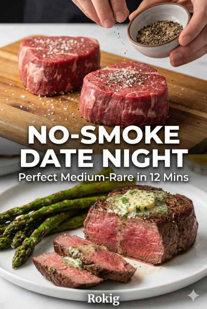 Pinterest pin showing how to cook filet mignon in air fryer.