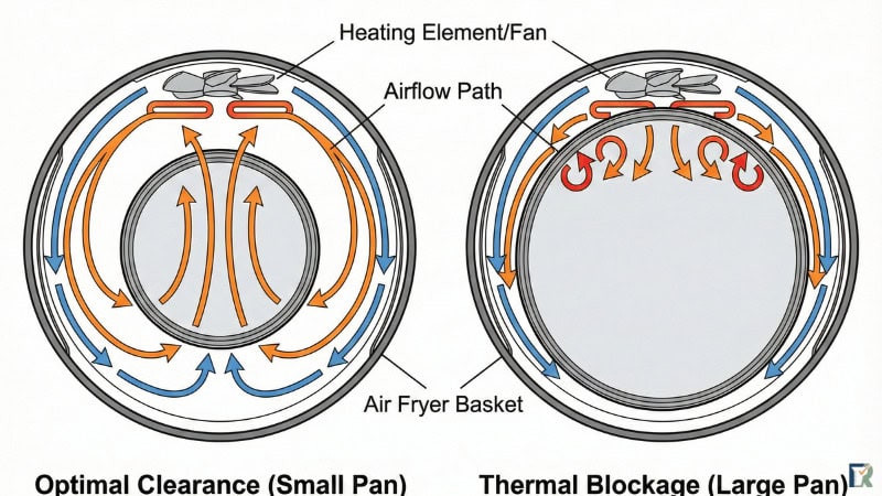Schematic showing how air circulates around small vs large pans in an air fryer.