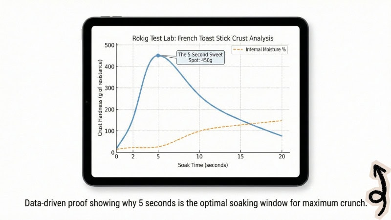 Up of French toast sticks on a tablet screen showing soaking analysis.