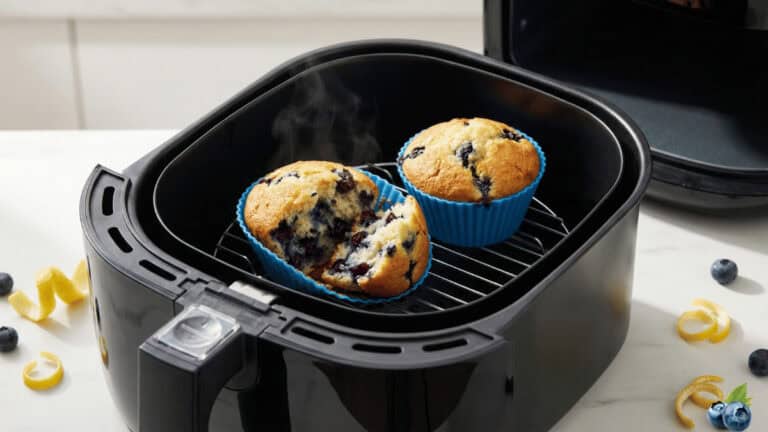 Two golden air fryer blueberry muffins for two in silicone liners.