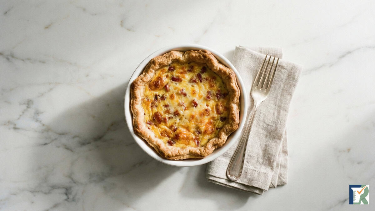 A single-serve Quiche Lorraine in a white ceramic ramekin on a marble table.