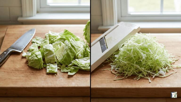 Comparison of chunky knife-cut cabbage versus fine mandoline-shredded cabbage on a wooden board.