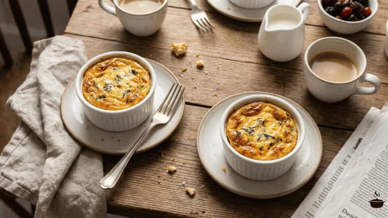 Two baked mini quiches in white ceramic ramekins on a brunch table.