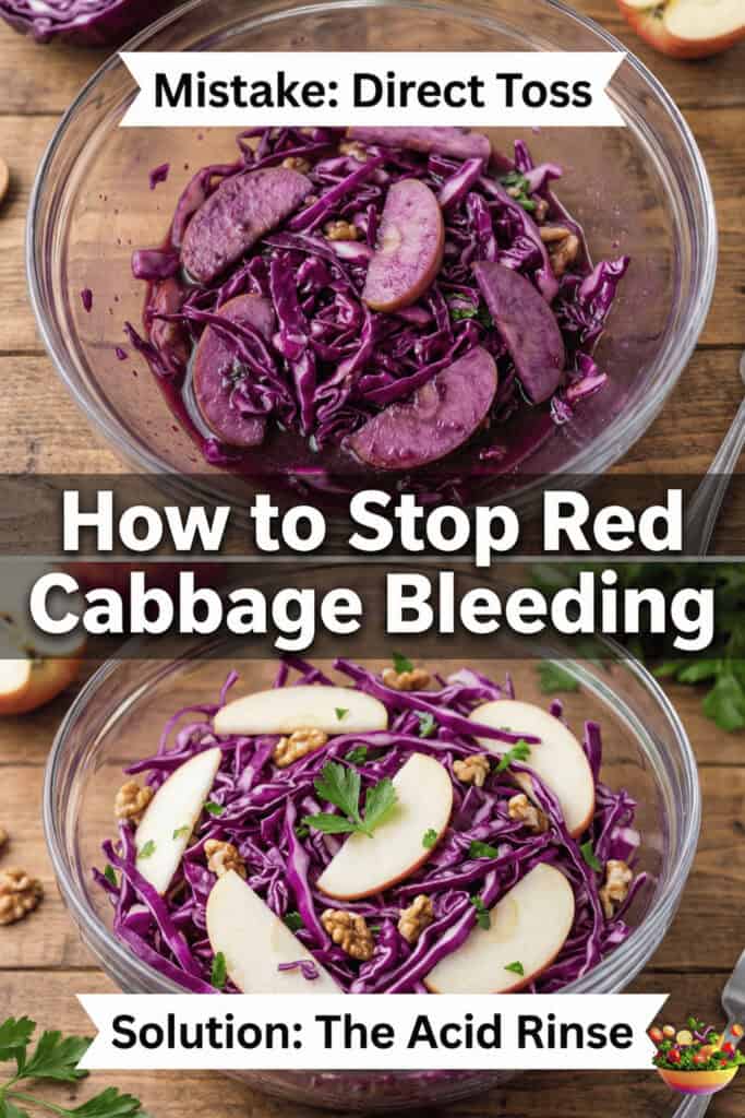 Comparison of a stained red cabbage salad versus a vibrant acid-rinsed salad.