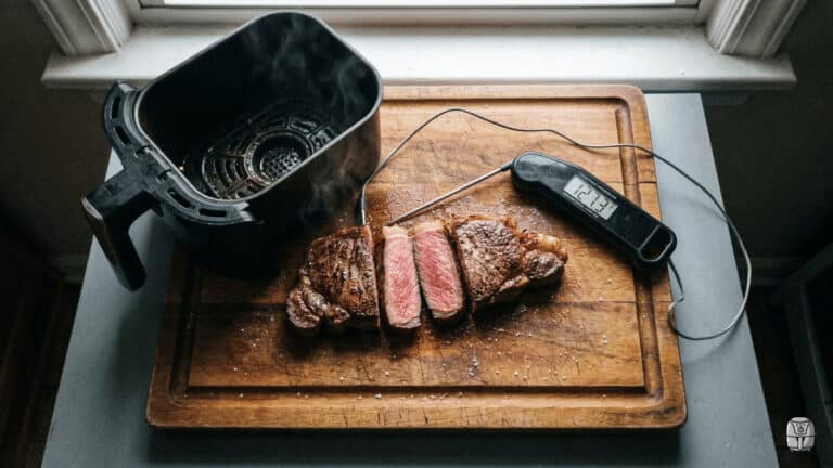Sliced medium-rare steak on a cutting board next to an air fryer basket and an instant-read thermometer.
