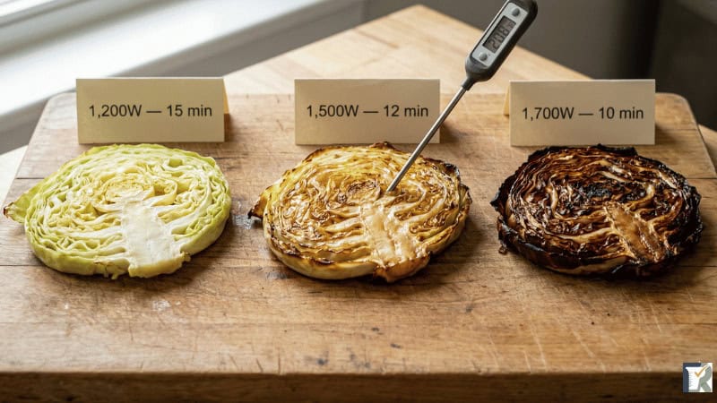 Image showing cooking times for cabbage at different wattages and times.