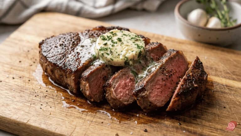 A perfectly cooked air fryer steak resting on a cutting board with a melting pat of garlic herb compound butter.