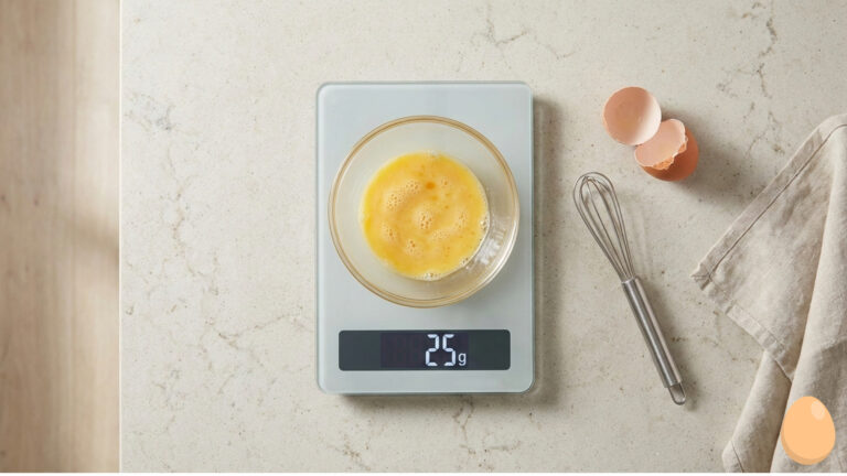 A digital kitchen scale weighing 25 grams of whisked egg for a small-batch recipe.