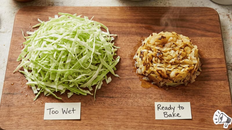 Comparison of raw vs sauteed cabbage to show volume reduction.
