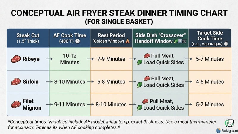 Table showing cook times for different steak cuts and asparagus in an air fryer.